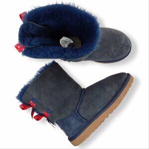 Ugg Bailey Bow Boots Suede Blue Girls Size 3 Red Bandana Bows Shearling Winter